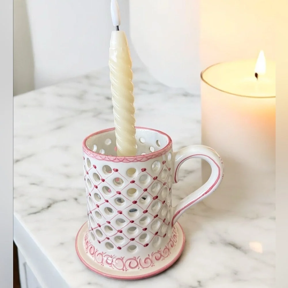 Hand-Painted Portuguese‎ Pottery Candle Holder - Pierced Design